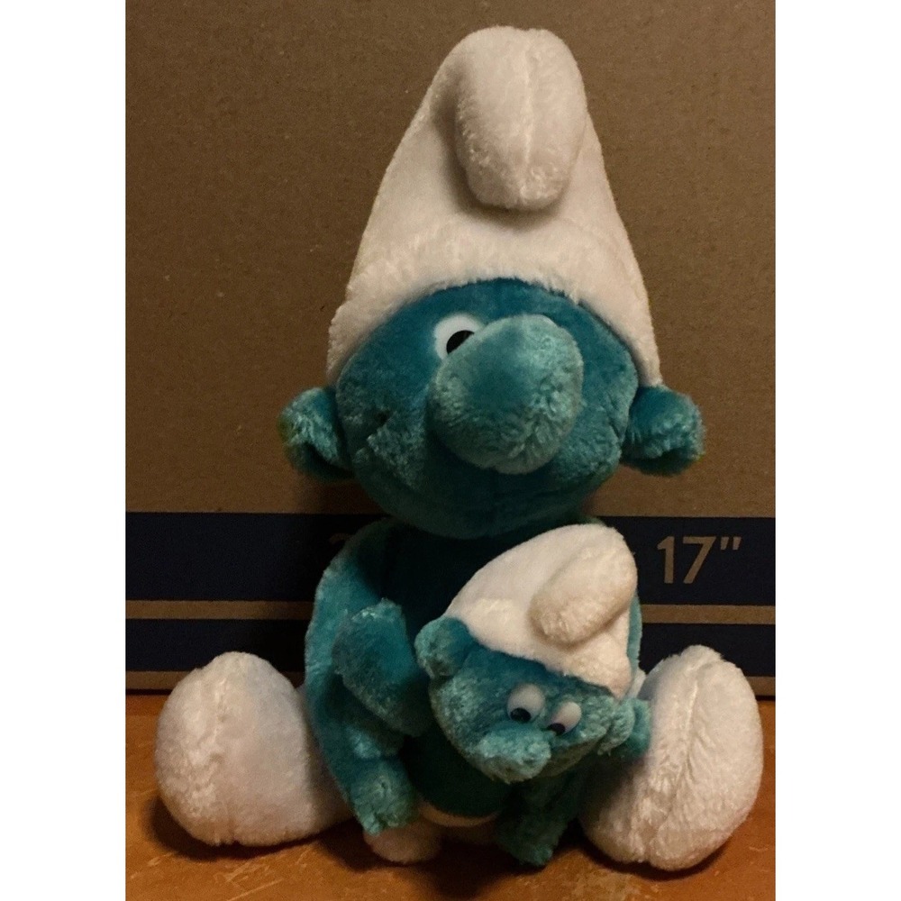 Vintage 1981 Peyo Wallace Berrie Co. Smurf w/ Baby Plush 10" Stuffed Toy‎
